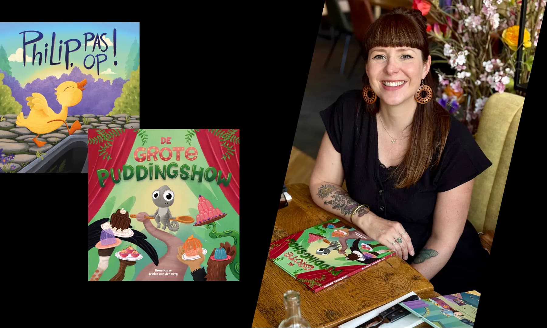 A smiling woman sits at a table with illustrated children's books, including "Philip, Pas Op!" and "De Grote Puddingshow."