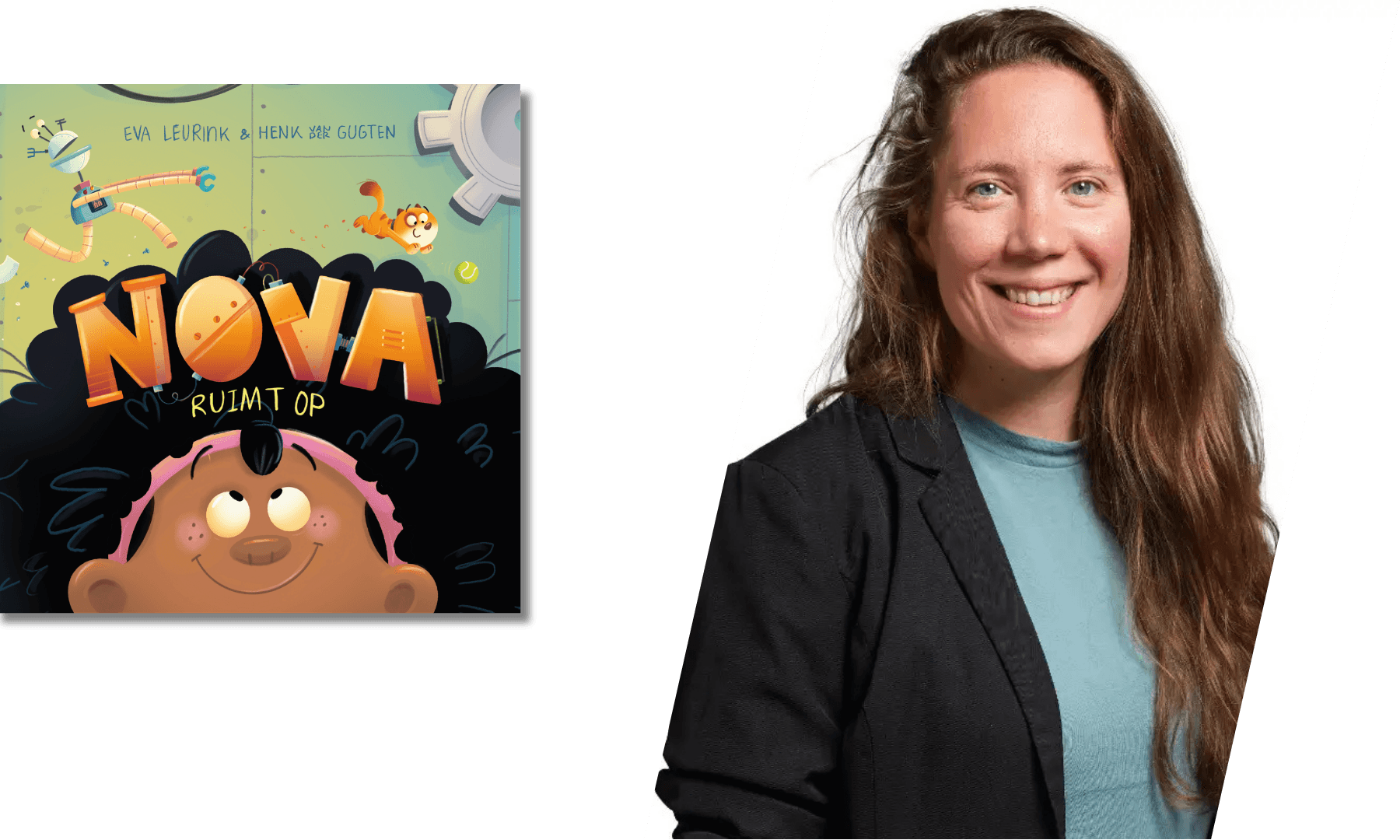 Illustrated book cover "Nova Ruimt Op" featuring cartoon character, and a woman smiling, wearing a black blazer and blue top.