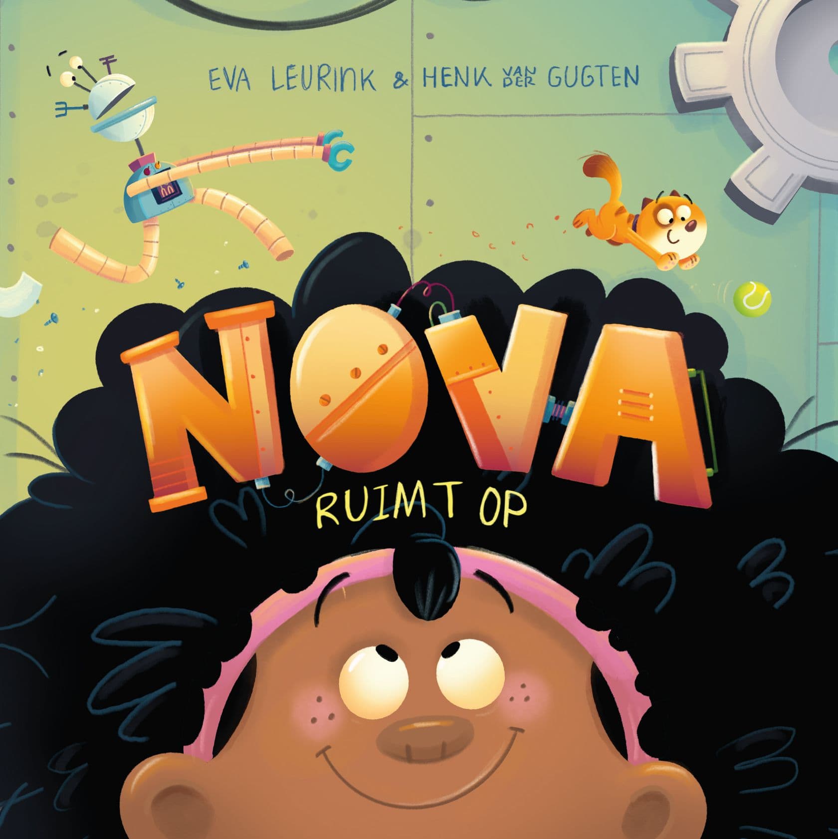 Illustrated cover showing a smiling child with curly hair, a playful orange cat, a whimsical robot, and the title "Nova Ruimt Op" in bold letters.