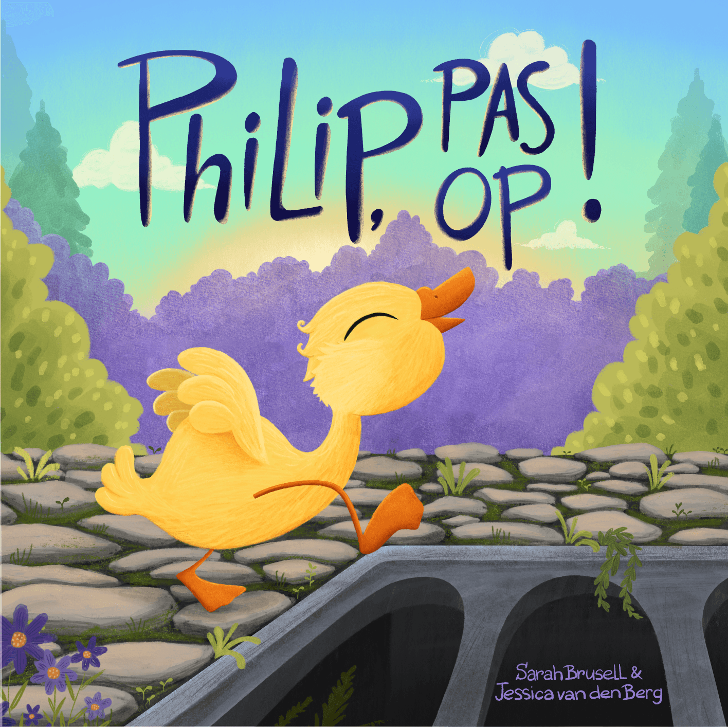 A cheerful yellow duckling is walking toward an open sewer, surrounded by greenery and a colorful sky, with the title "Philip, Pas Op!" above.