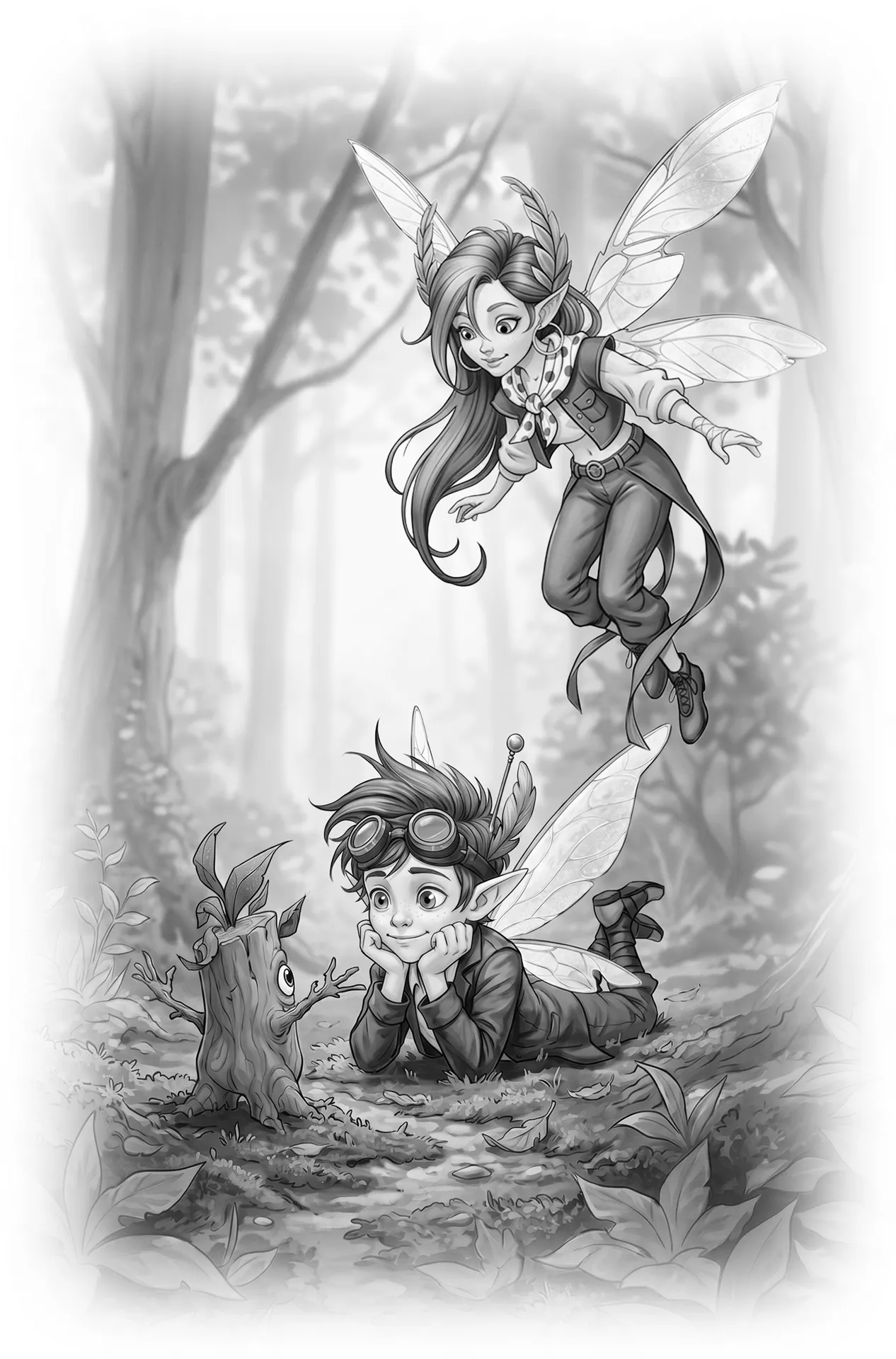Two winged characters engage with a small, animated tree stump in a forest setting, one flying and the other lying on the ground.