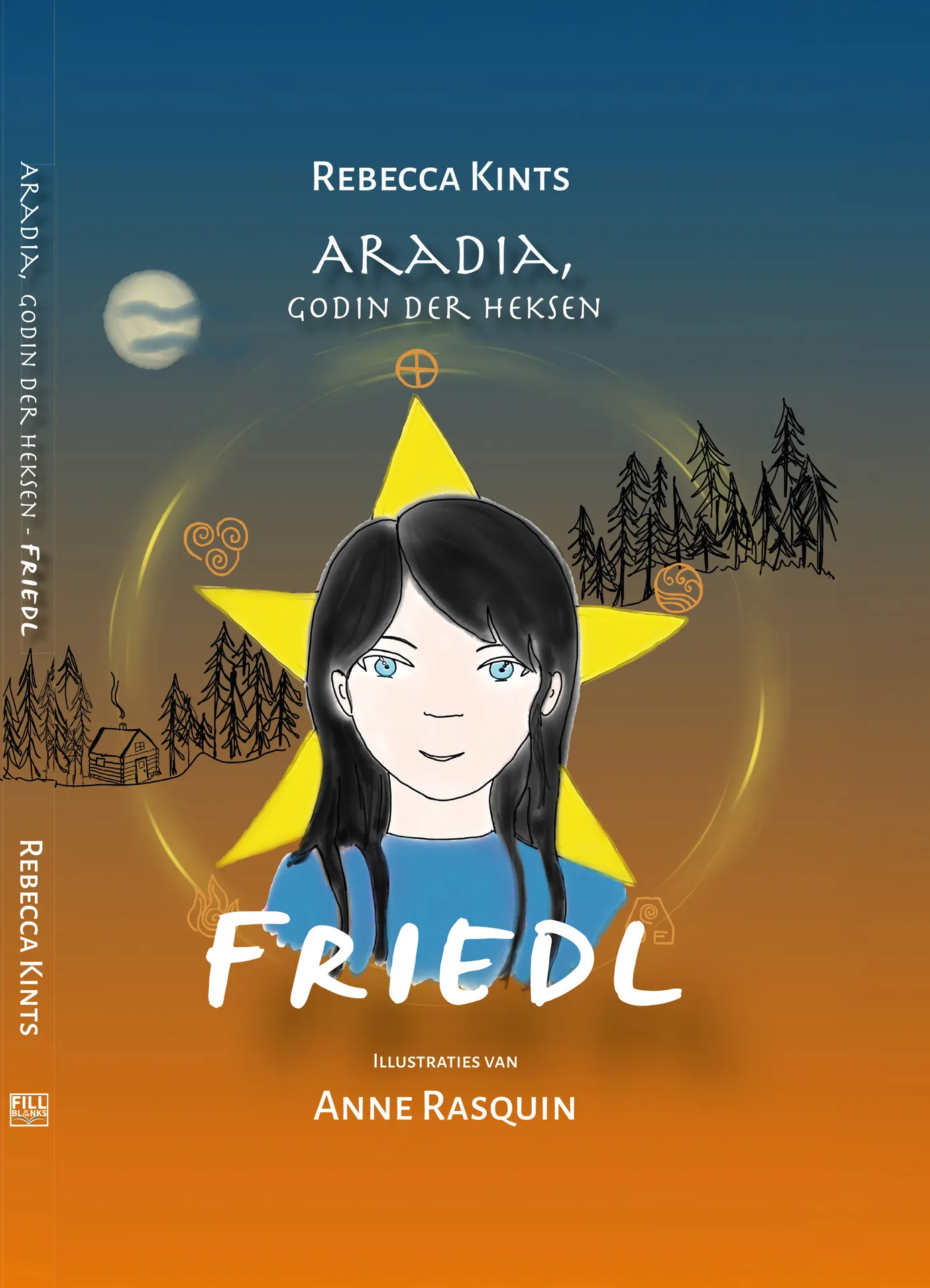 Book cover featuring a drawing of a girl with dark hair and blue eyes against a starry background, surrounded by trees and symbols.