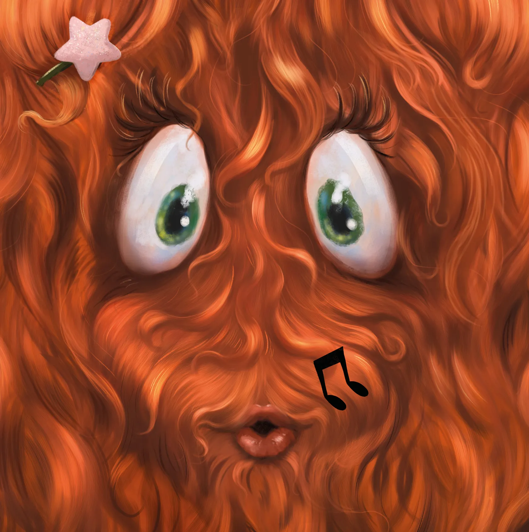 A furry, orange animated face with large green eyes, musical notes near the mouth, and a pink star-shaped clip in the hair.
