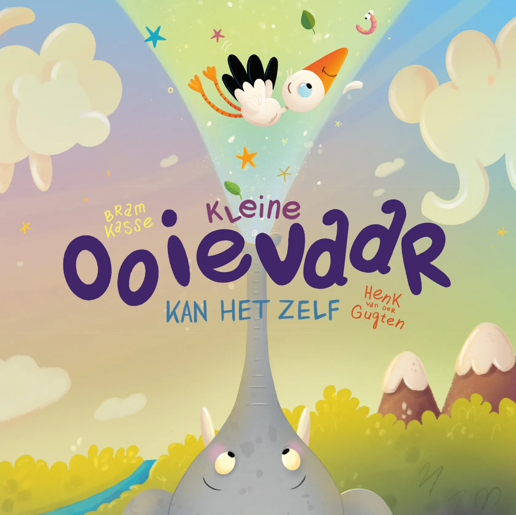 Colorful illustration of a joyful bird flying above an elephant's trunk with playful clouds and mountains, titled "Kleine Ooievaar Kan Het Zelf."