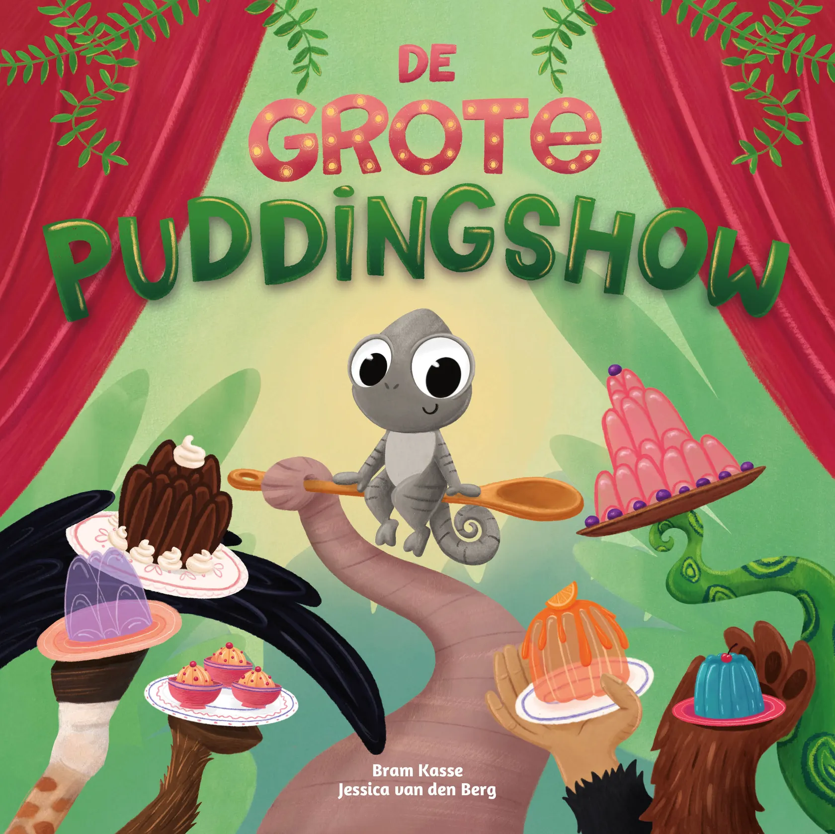 A cute chameleon holds a spoon in a vibrant jungle setting with various colorful puddings and pastries. The title reads "De Grote Puddingshow."