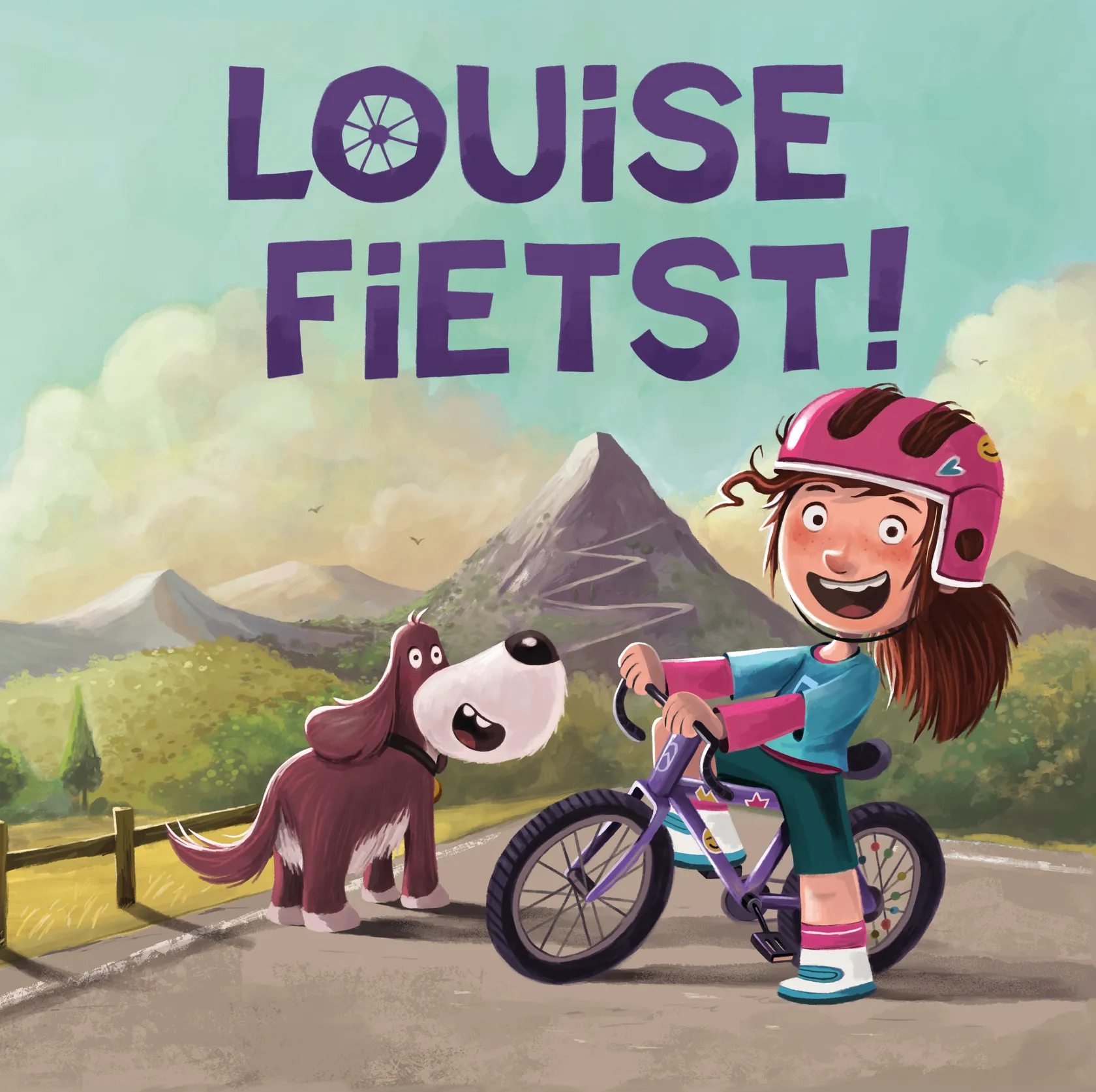 A girl in a helmet rides a bicycle joyfully with a dog beside her, set against a mountain background with "Louise Fietst!" in bold letters above.