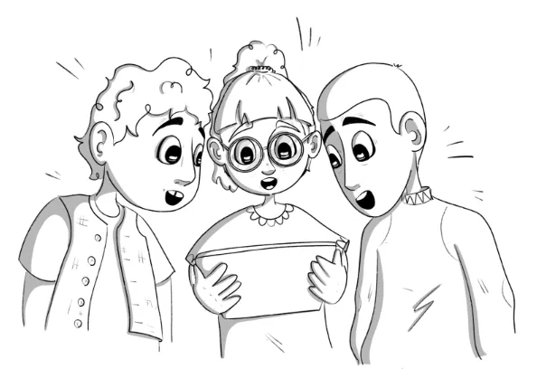 Three animated characters with surprised expressions look at a tablet held by the character in the middle.