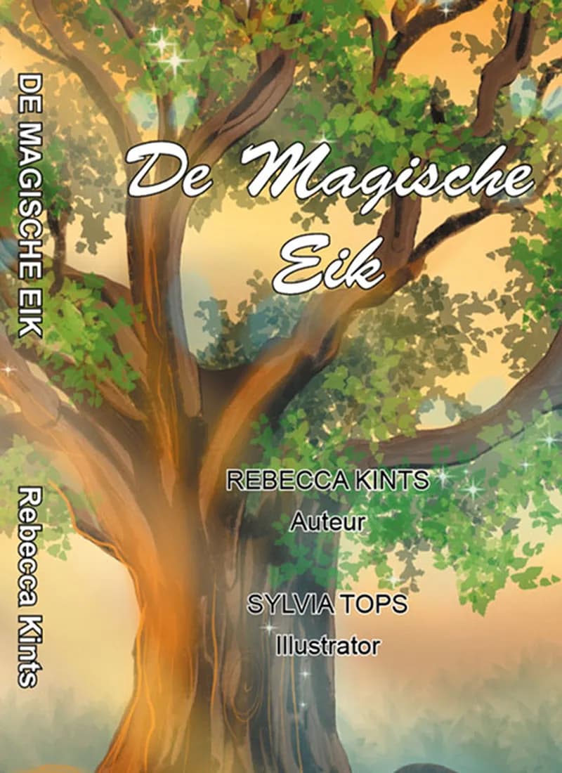 Illustrated cover of "De Magische Eik" by Rebecca Kints, featuring a large, enchanting oak tree with sparkling leaves and a sunset background.