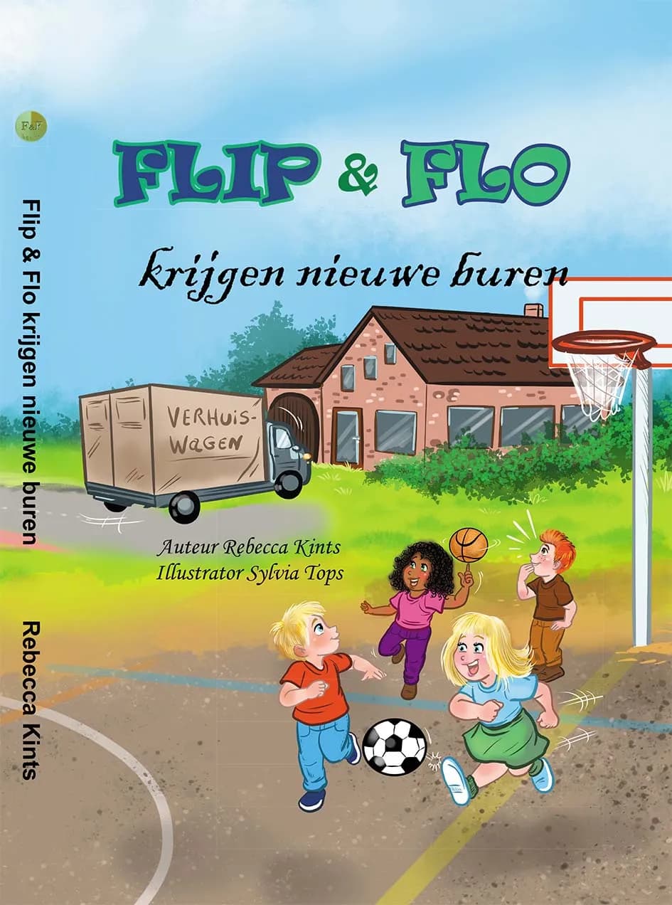 Children playing with a soccer ball and basketball in front of a house with a moving truck. The title is "Flip & Flo krijgen nieuwe buren."