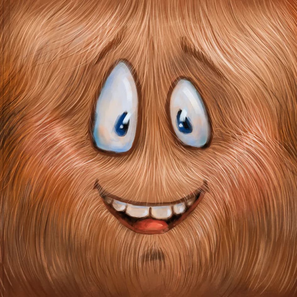A cartoon furry brown face with expressive blue eyes and a wide, cheerful smile.